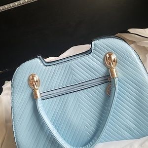 Brand New Sky Blue and Gold Purse With Long Chain